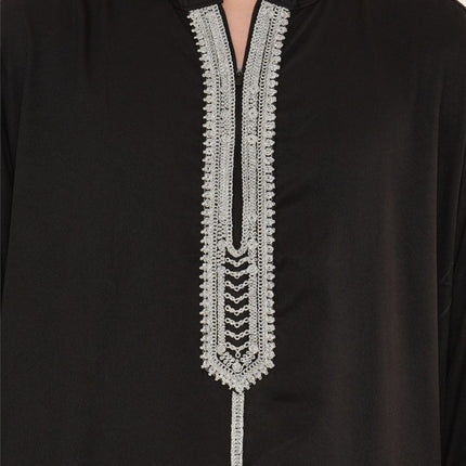 Men's Eid Black Hooded Moroccan Thobe Robe Djellaba Gandoura Ramadan Jubba- HM3