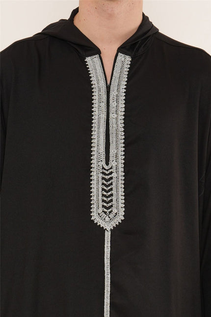 Men's Eid Black Hooded Moroccan Thobe Robe Djellaba Gandoura Ramadan Jubba- HM3
