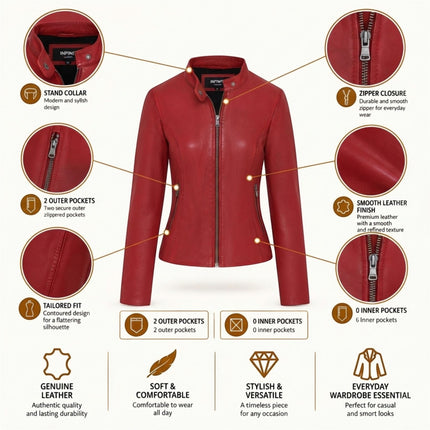 Womens Red Leather Stand Collar Racer Biker Jacket - 181