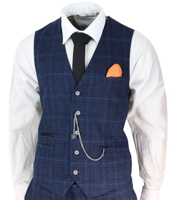 Mens 3 Piece Navy Blue Tweed Check Vintage Retro Classic Suit