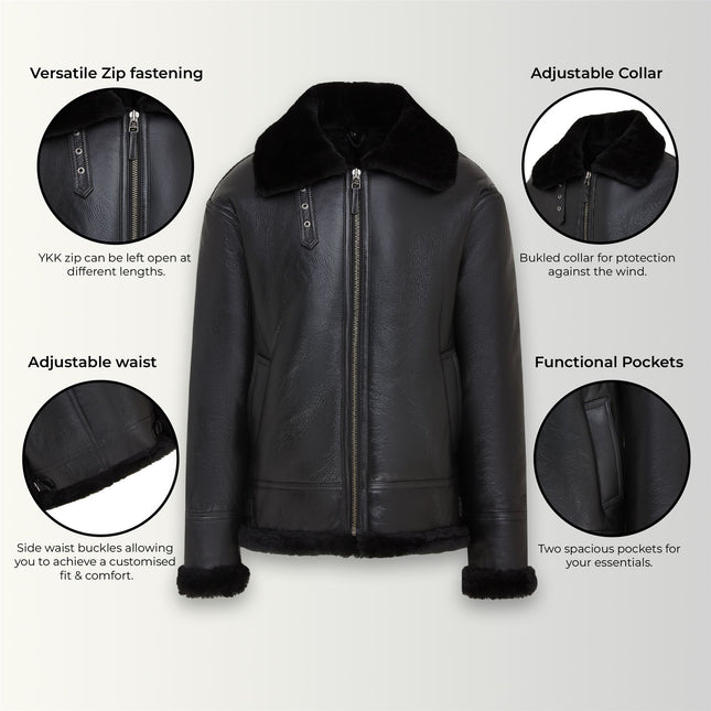 Mens B3 Aviator Real Sheepskin Leather Flying Jacket-Hobart