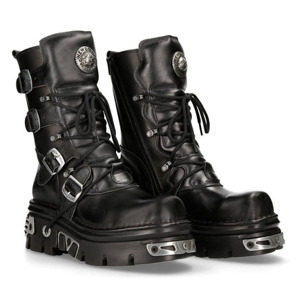 New Rock Unisex Black Leather Gothic Mid-Calf Boots - 373-S4