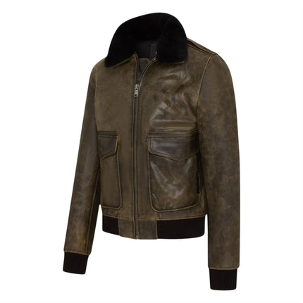 Mens Brown Leather Aviator Bomber Jacket - Lunar