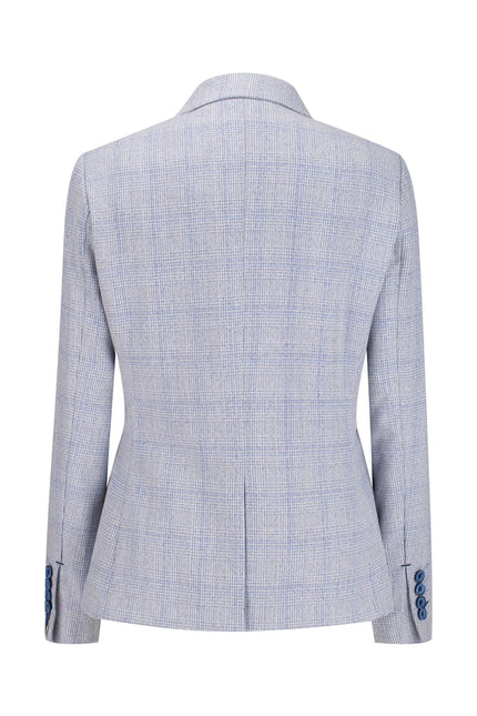 Womens Blue Check Blazer Wool Blend Herringbone Tweed