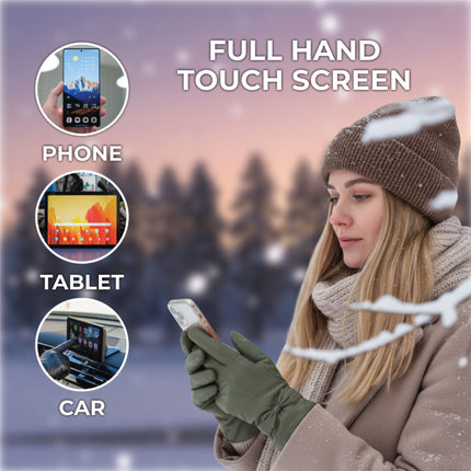 Womens Olive Green Italian Leather Winter Bow Design Soft Wool Lining Gloves - L-GLV-401