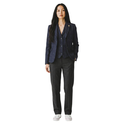Women's Navy 2 Piece Check Formal Tweed Blazer & Waistcoat Set - TPSTZ-7