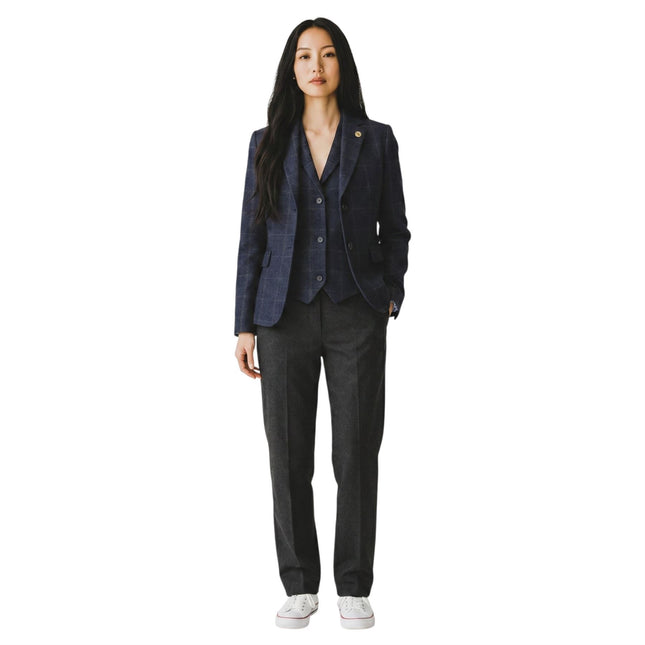 Women's Navy 2 Piece Check Formal Tweed Blazer & Waistcoat Set - TPSTZ-7