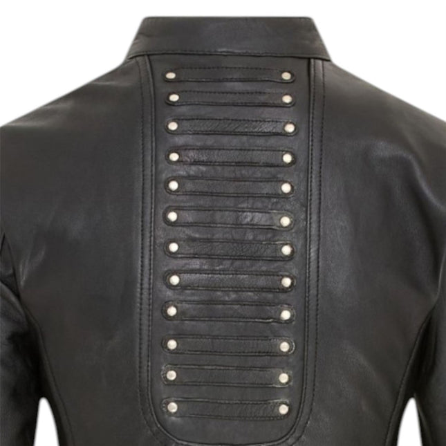 Womens Goth Black Leather Victorian Studded Flare Coat- Ribet