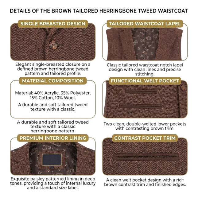 Women's Rust Brown Herringbone Wool Tweed Check Tailored Waistcoat - WS-1
