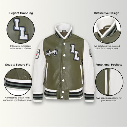 Kids Green Letterman Leather Varsity College Bomber Jacket