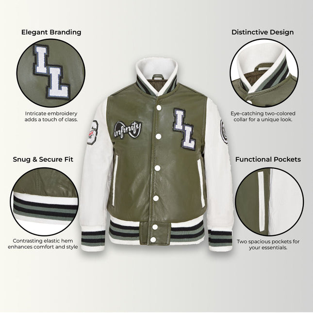 Kids Green Letterman Leather Varsity College Bomber Jacket