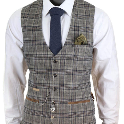 Mens 3 Piece Tan Brown Herringbone Check Suit