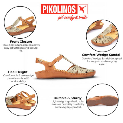 Pikolinos Women’s Tan Green Leather Cushioned Wedge Sandal Shoes - P-Vallarta
