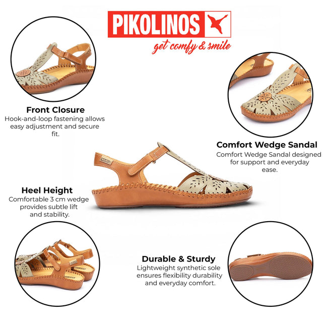 Pikolinos Women’s Tan Green Leather Cushioned Wedge Sandal Shoes - P-Vallarta