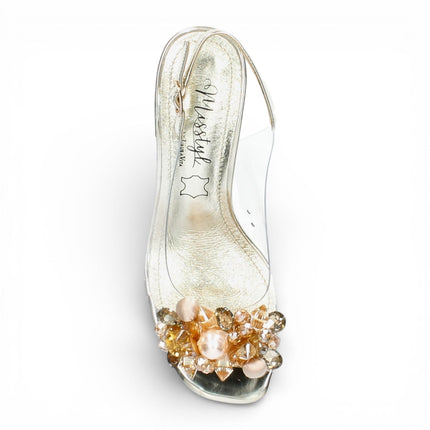 Laura Vita Women’s Marlene-12 Clear Golden Slip-On Cinderella Tapered Pump Heel Ankle Strap Sandals