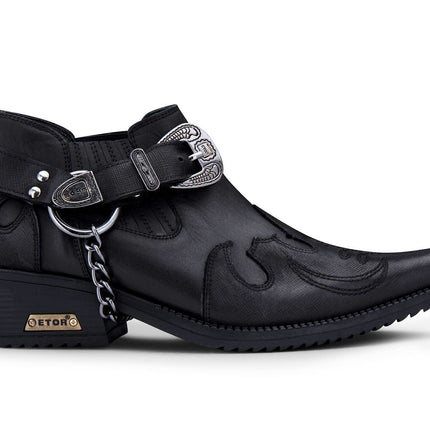 Men's Black Leather Metal Chain Winklepicker Cowboy Boots