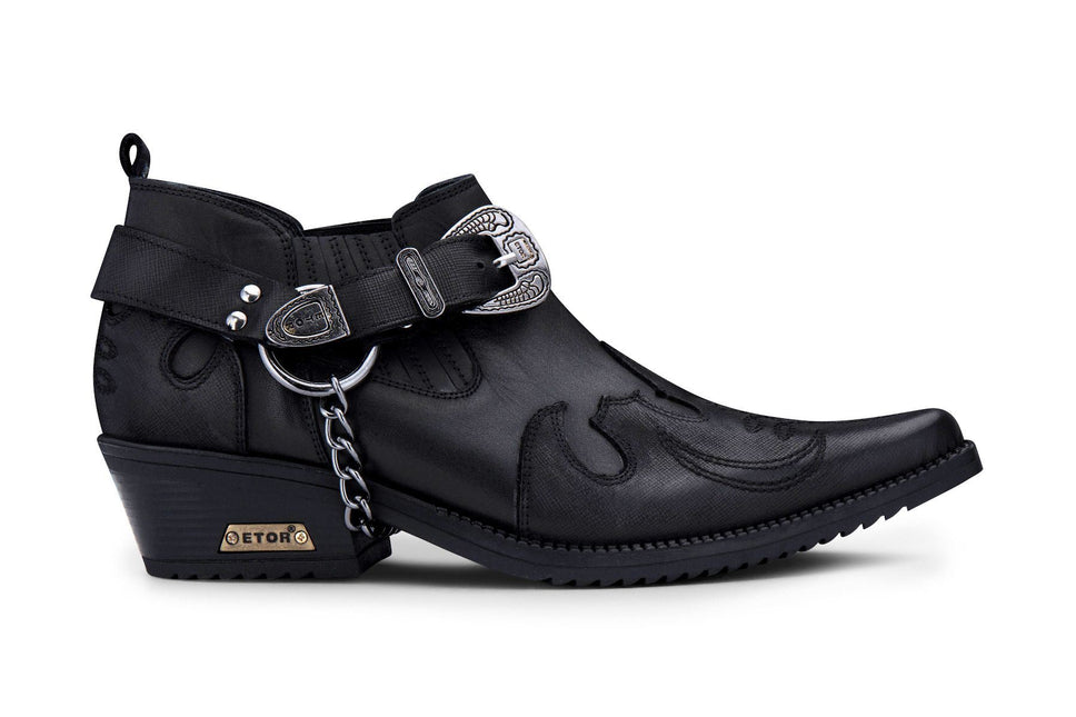 Men's Black Leather Metal Chain Winklepicker Cowboy Boots
