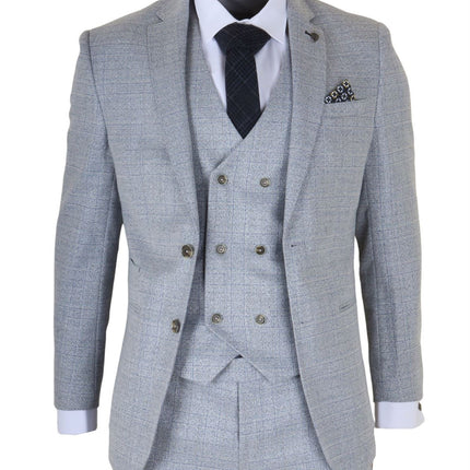 Men's Light Blue Plain Check 3 Piece Slim Fit Formal Wedding Suit