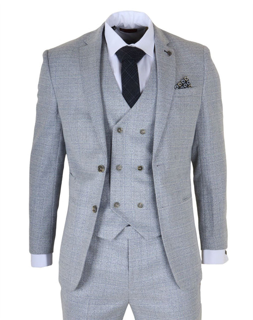 Men's Light Blue Plain Check 3 Piece Slim Fit Formal Wedding Suit