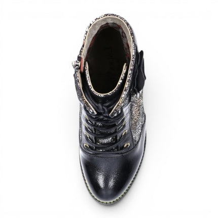 Laura Vita Women’s Black Leather Floral Heeled Lace-Up Boots - Alcbaneo 173