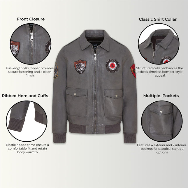 Men’s Grey Leather Bomber G-1 Aviator Collar Jacket  - Maverick