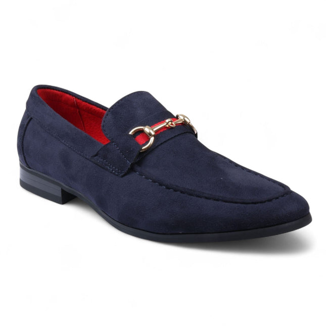 Men's Navy Suede Loafers with Gold Buckle Slip-On Dress Shoes