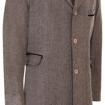 Mens 3/4 Brown Long Crombie Overcoat Jacket Herringbone Tweed Coat Peaky Blinder