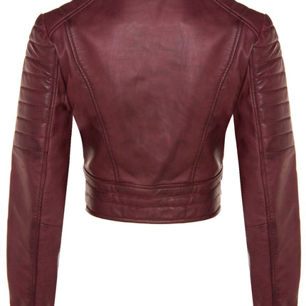 Womens Cropped Brando Leather Biker Jacket-Damascus
