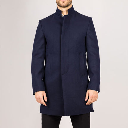Men's Navy Stand Collar Wool Blend Overcoat