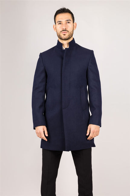 Men's Navy Stand Collar Wool Blend Overcoat