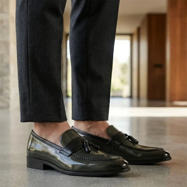 Mens Olive Tassel High-Gloss Patent Faux Leather Formal Loafers Shoes