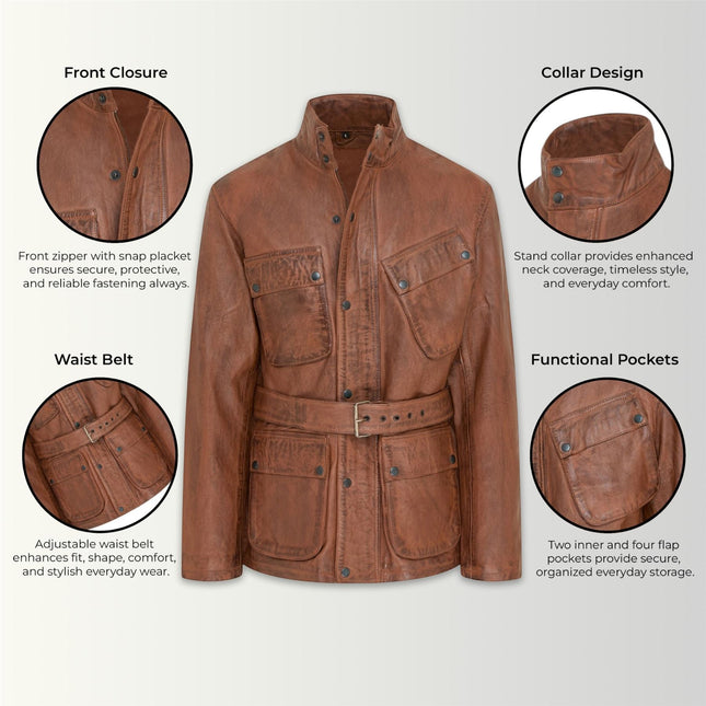 Men's Tan Lamb Leather Safari Parka Jacket - Edinburgh
