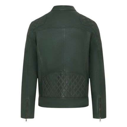 Mens Green Leather Quilted Shoulder Biker Jacket - Rock