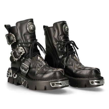 New Rock Silver Cross Black Leather Biker Boots - 407-S1