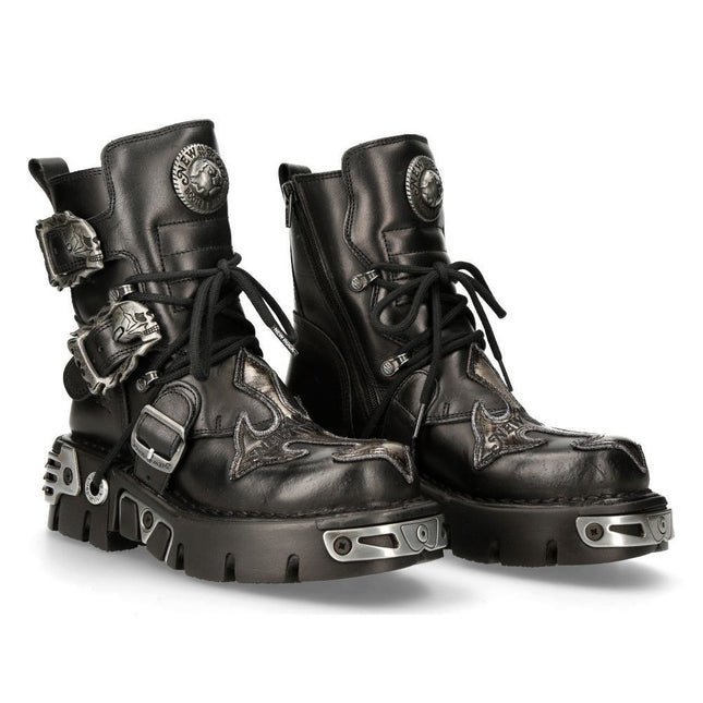 New Rock Silver Cross Black Leather Biker Boots - 407-S1