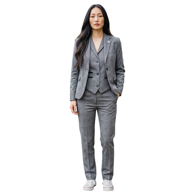 Women's Grey Three Piece Check Tailored Suit - TPW-51