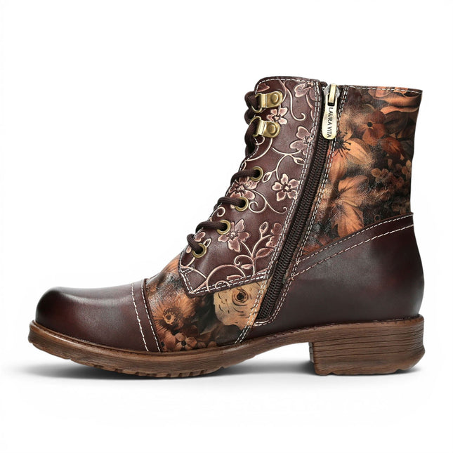 Laura Vita Women's Brown Floral Victorian Leather Lace-up Ankle Boots - Anitao - 11
