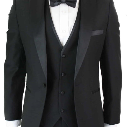 Mens 3 Piece Black Tuxedo Suit Classic Satin Dinner Tailored Fit Wedding Prom