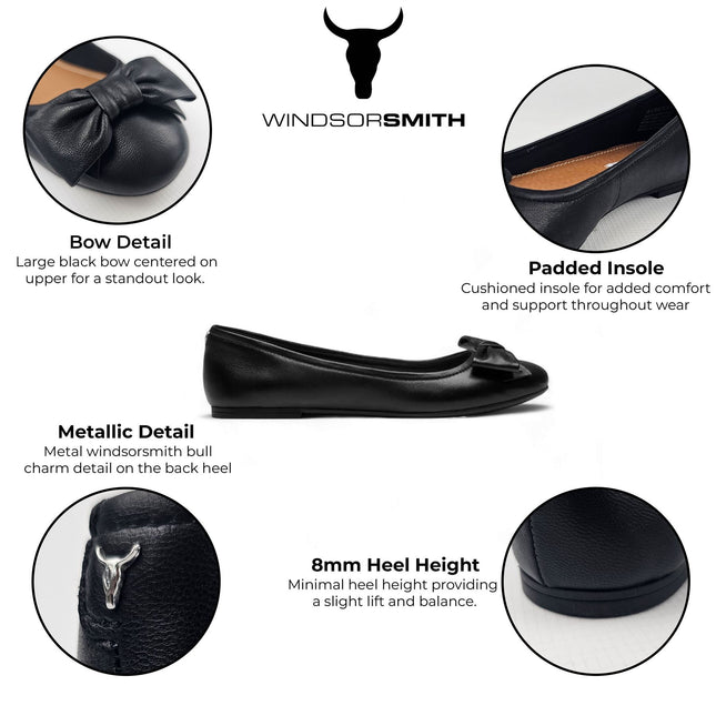 Windsorsmith Womens Black Leather Flat Shoes With Bow - Bunny