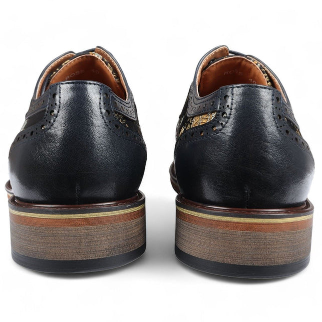 Justin Reess Men's Navy Blue Leather Floral Print Brogue Dress Shoes - Ross