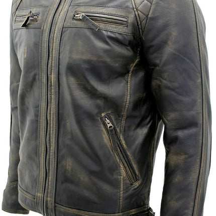 Men's Vintage Leather Quilted Biker Jacket-Monaco