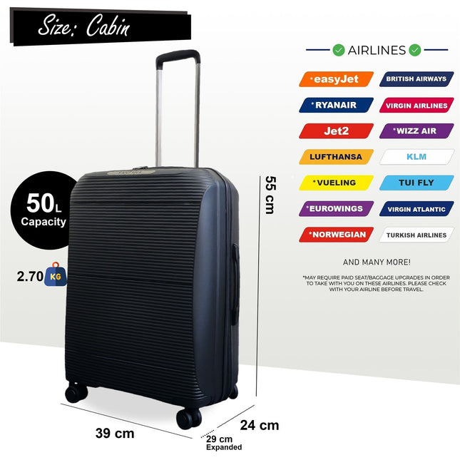 Expandable Strong ABS Hardshell Cabin Suitcase 55 x 39 x 24 cm Luggage Suitable for Easyjet, Ryanair