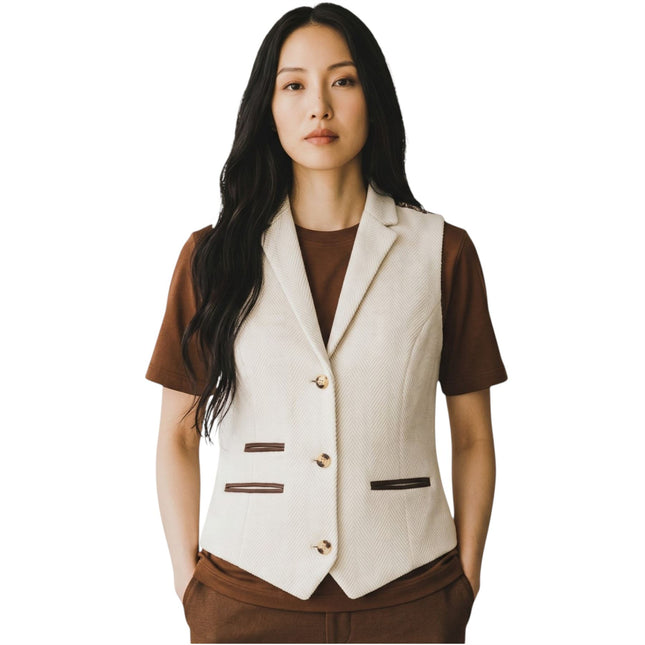 Women's Cream Herringbone Wool Tweed Check Tailored Waistcoat - WS-1