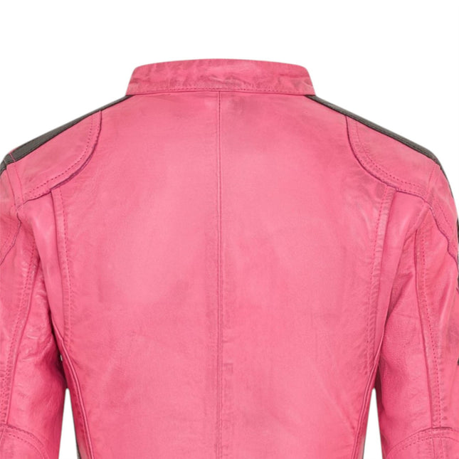 Womens Biker Racing Badges Fuschia Leather Jacket-Eastleigh