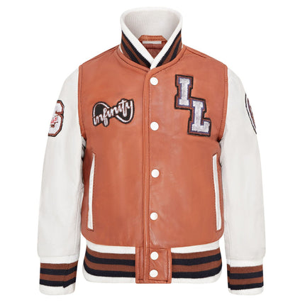 Kids Tan Letterman Leather Varsity College Bomber Jacket