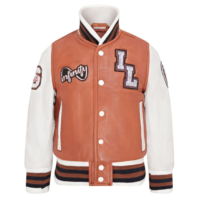 Kids Tan Letterman Leather Varsity College Bomber Jacket