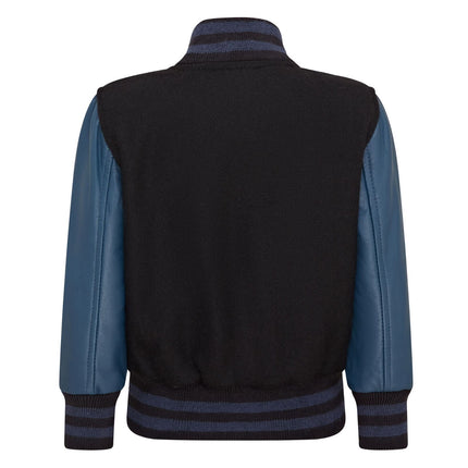 Kids Wool Varsity Black Bomber Jacket with Real Leather Sleeves