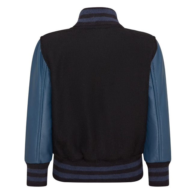 Kids Wool Varsity Black Bomber Jacket with Real Leather Sleeves
