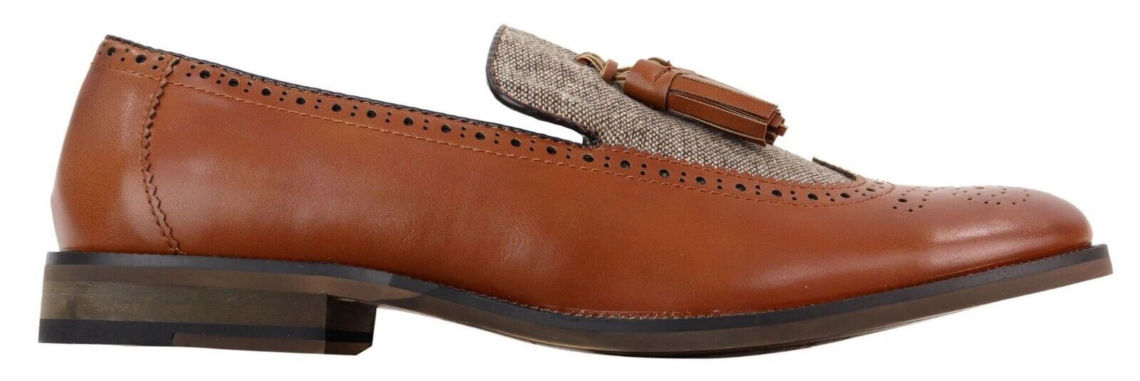 Mens Tasselled Tan Leather Tweed Slip On Loafers