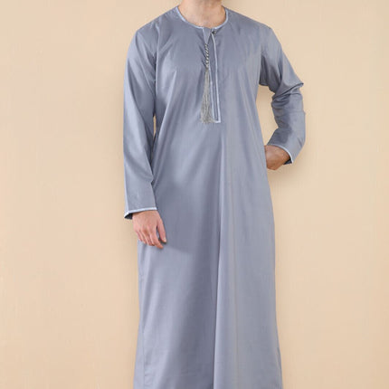 Mens Grey Thobe Jubba Saudi Islamic Arab Eid Emirati Kaftan Jubbah Tassel Robe